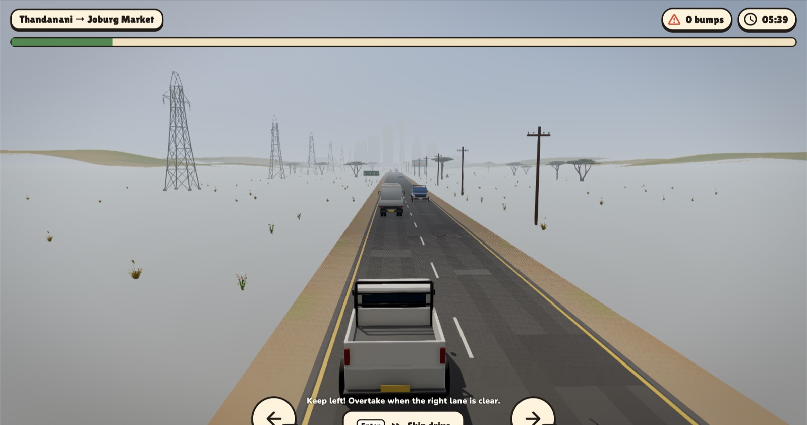 Driving the white bakkie down a two-lane road toward the Joburg skyline, past pylons and acacia trees. The HUD reads Thandanani to City Deep Market, 0 bumps.
